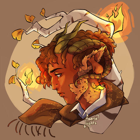 A profile headshot of Fire Starter, Bluesky user magpiespy's oc. A little fire mouse is sitting on his horn.