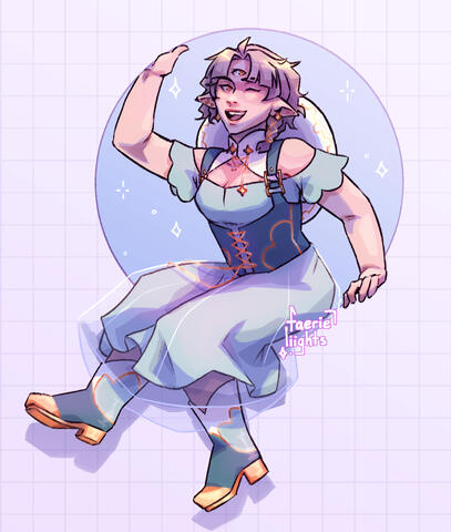 Delilah (Bluesky user anonymousbee03's oc) is sitting on the edge of a circle cutout, kicking her feet and winking at the viewer.
