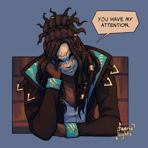 Oleander from the visual novel Obscura leaning forward, one forearm down as he leans his cheek on his other hand. Vague books line the cutout background behind him and a text bubble pointing to him reads "You have my attention."