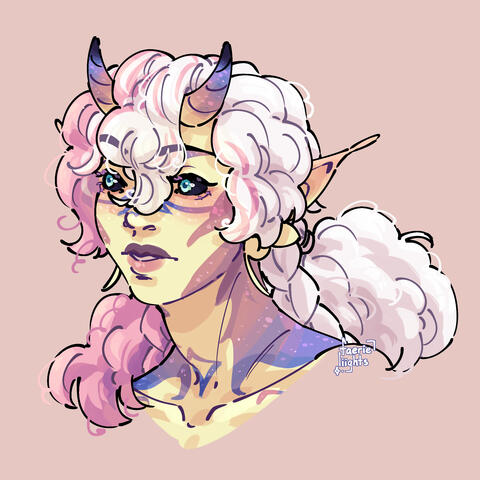 A headshot of my fairy oc, Chiro. She's got light yellow skin with pink and purple markings, as well as sparkles on her skin. Her curly hair is split between pink and white on either side.
