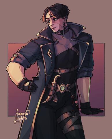 Leander from the visual novel Touchstarved is standing, leaning on a table, his other hand propped on his hip. He's looking off to the side with a slight smile.