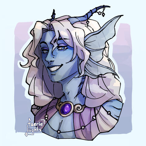 A headshot of Aqua from the visual novel Spell Candle. He's blue with long, wavy, blonde hair, fins for ears, and thin horns. He's grinning at the viewer.