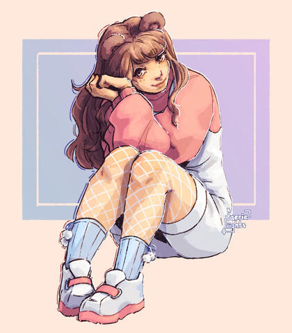Bluesky user emolgana's sona sitting on the floor, knees bent and elbows against her knees. She's leaning her cheek against her hands and smiling at the viewer.