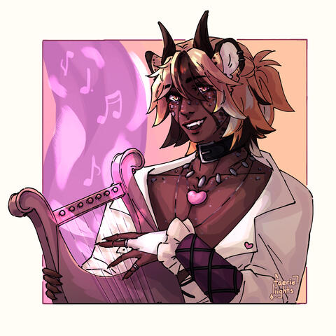 A bust of Kane (Bluesky user strawberry-pockii's tabaxi oc). He's grinning at the viewer and playing a lyre which has magical notes rising off of it.