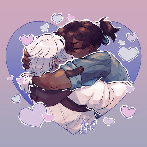 Rook (Tumblr user strawberry-pockii's oc) and Mhin from the visual novel Touchstarved have their arms wrapped around each other and are kissing. One of Rook's hands is in Mhin's hair. They're cut off at the bust and within a heart background; several other