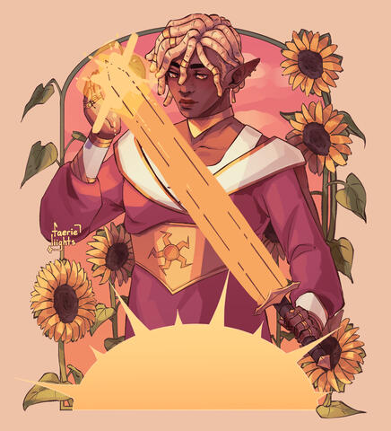 A half body of Lucian (Bluesky user samwisegamzee's oc). He's holding a magically glowing sword and looking at it with a slight smile. He's framed by sunflowers and a half sun at the bottom.