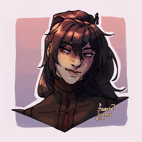 A headshot of Latimor from the visual novel Spell Candle. He's got long, brown hair tied up in a high ponytail, head tilted to one side as he glances off to the other side with a little smile.