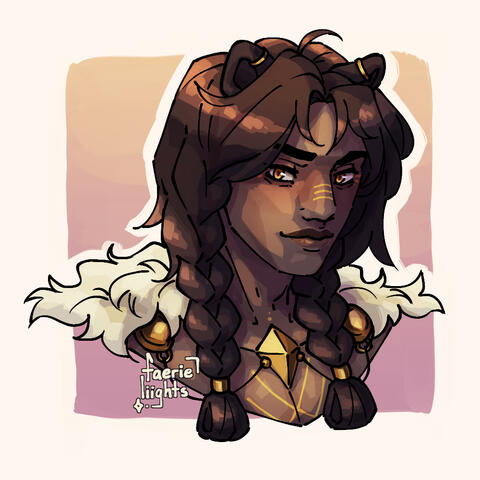 A headshot of Terra from the visual novel Spell Candle. He has brown hair that comes down into two thick braids, resting over his shoulders onto his chest. It looks like he has little lion ears at the top of his head. He's got several gold markings on his