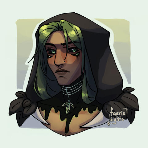 A headshot of Mors Mortis from the visual novel Spell Candle. He has two pairs of eyes that have black sclera, and long green hair tucked into a hood that is drawn up. He also has black inky goop dripping down his chest from his neck.
