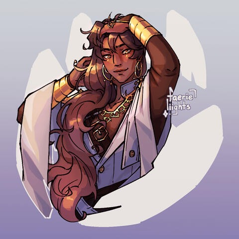 Kuras from the visual novel Touchstarved with one hand pushing back his hair from his forehead and the other sort of collecting the rest of his hair over his shoulder. He's looking at the viewer with a smile. Two pairs of white wings are shapes behind him.